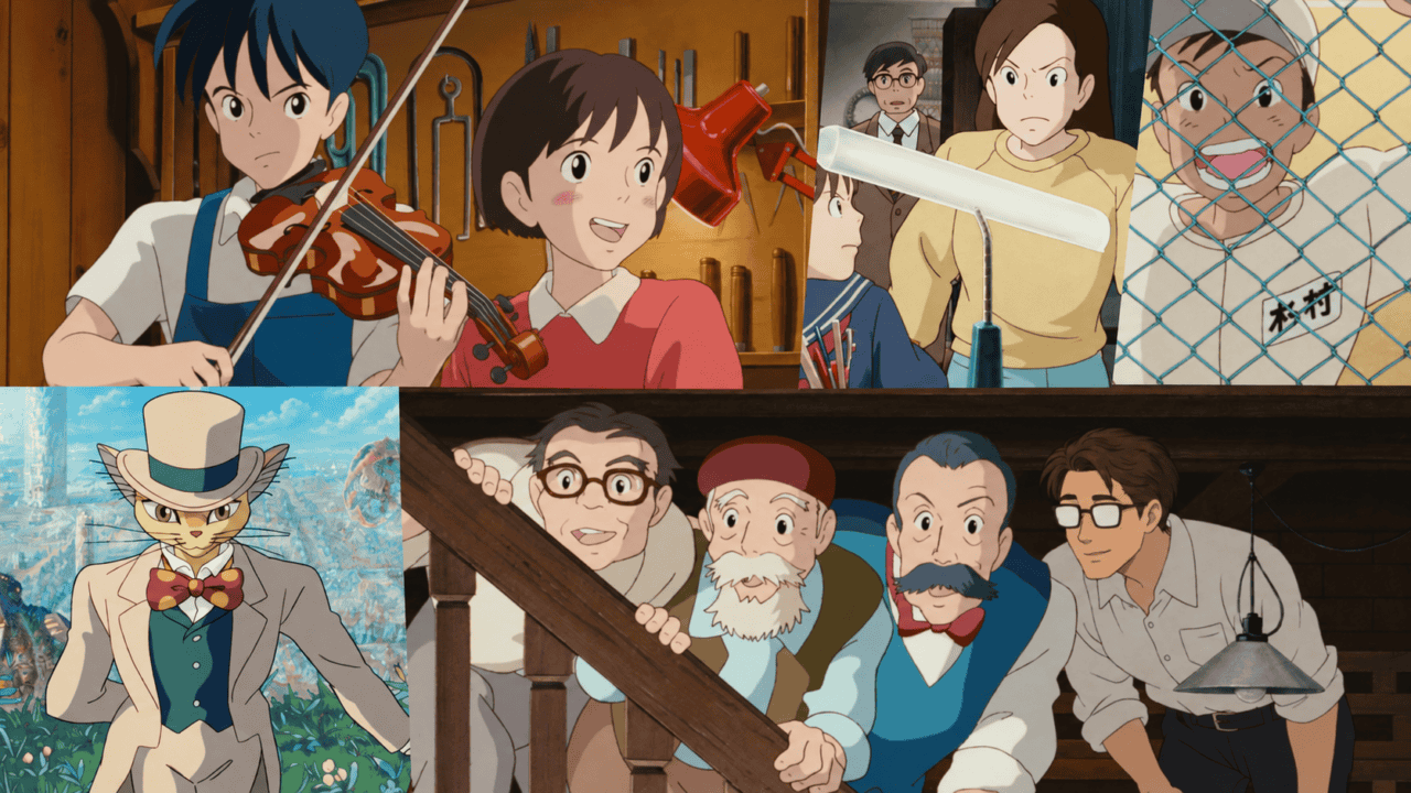 A collage of Whisper of the Heart characters, with Shizuku, Seiji, the Baron, and a man wearing glasses.