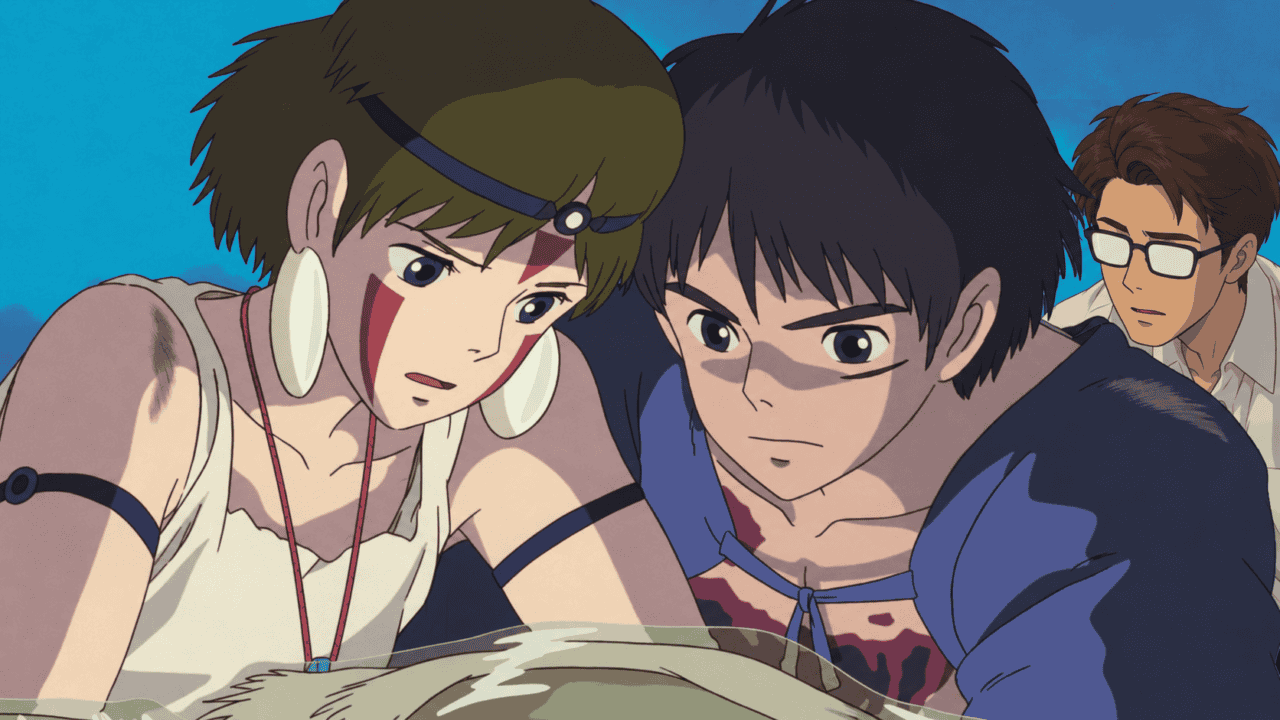San and Ashitaka together, with a man wearing glasses behind them.