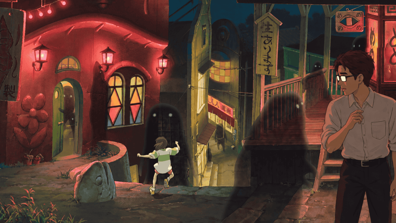 Chihiro runs through a nighttime spirit town as shadowy residents and a man wearing glasses look on.
