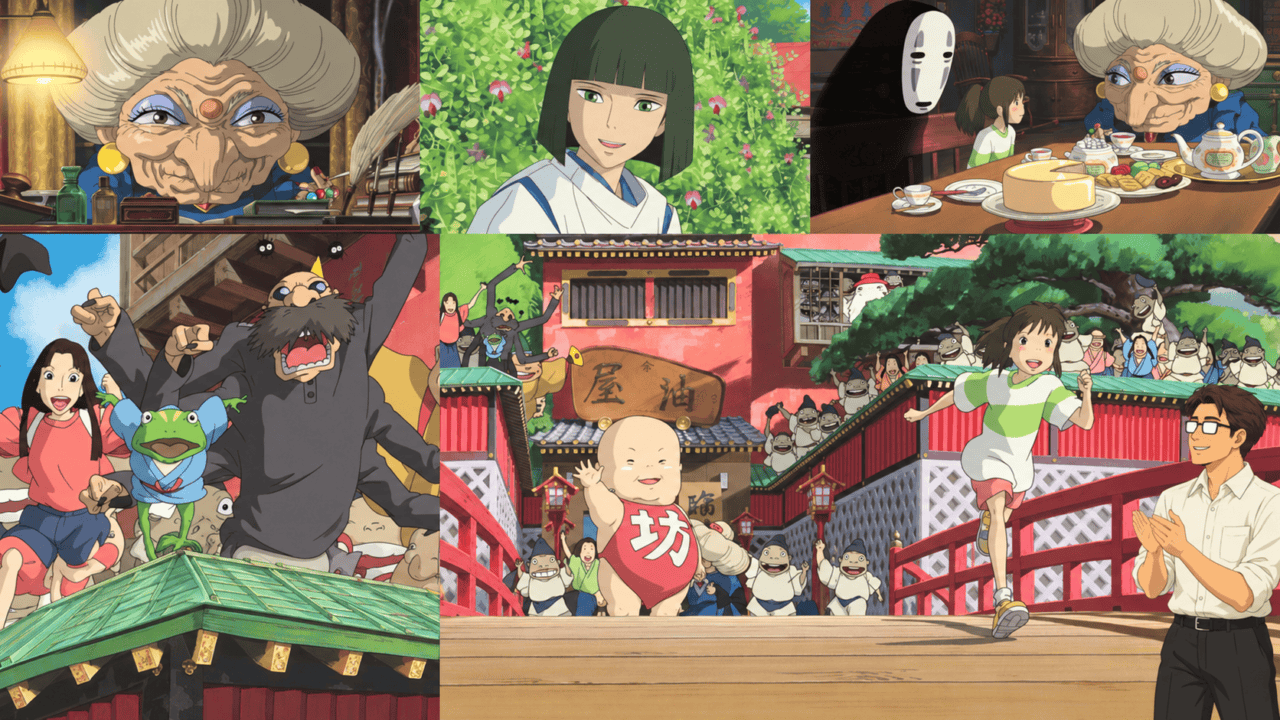 A collage of Spirited Away characters, with Chihiro crossing a bridge and a man wearing glasses applauding.