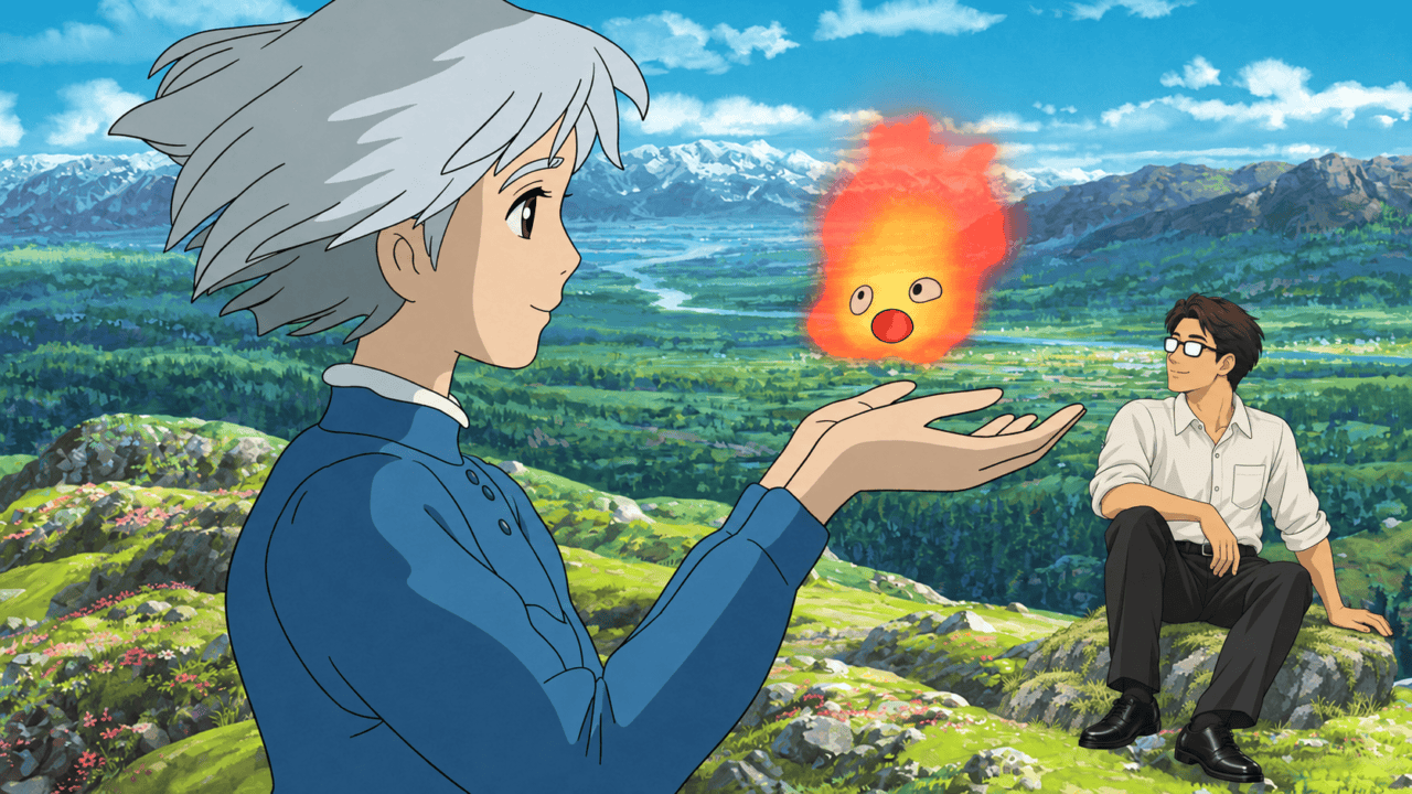 Sophie welcomes Calcifer above her open hand while a man wearing glasses watches from nearby rocks.