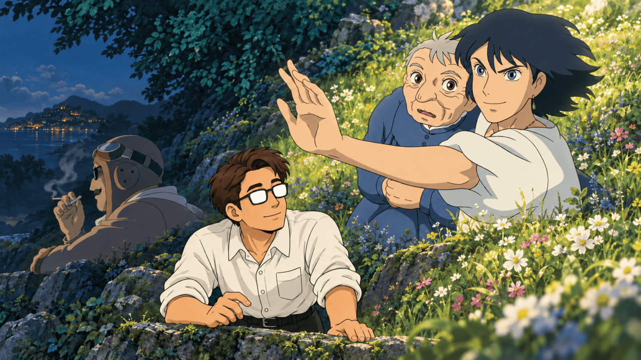 Sophie and Howl appear in a flower-filled landscape alongside a nighttime scene of Porco and a man wearing glasses.