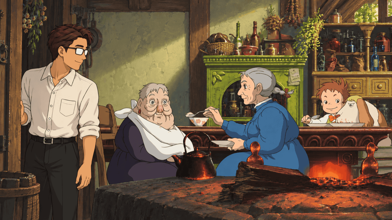 A man wearing glasses watches Sophie and her companions around a table inside Howl's castle.