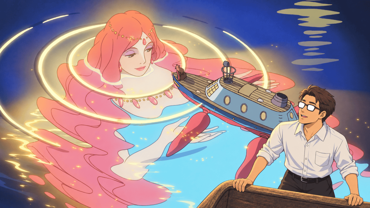Fujimoto and Ponyo's enormous mother at sea, watched by a man wearing glasses from a boat.