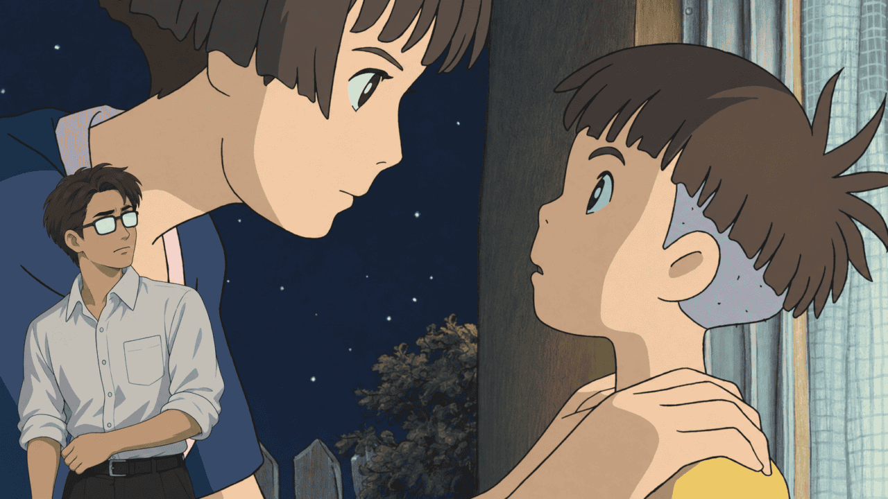 Lisa looks closely at Sosuke while a thoughtful man wearing glasses watches.