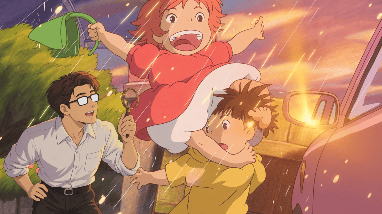A man wearing glasses holds a magnifying glass as Ponyo leaps toward Sosuke in the rain.