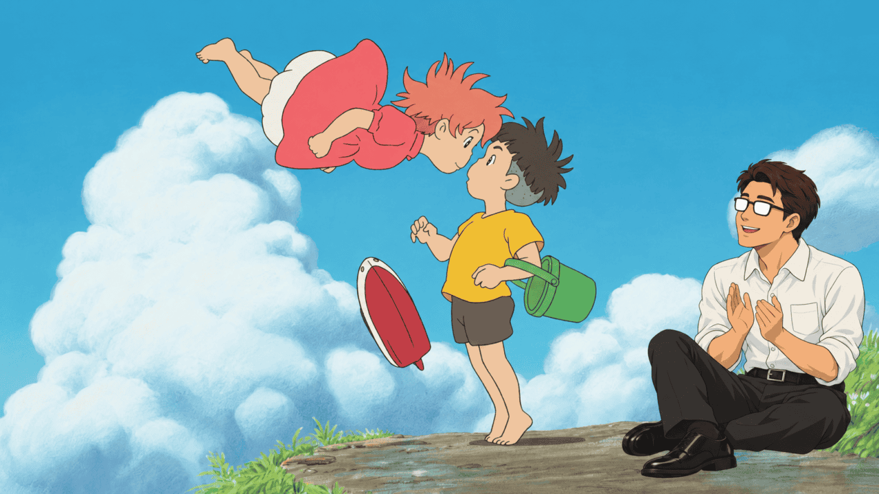 Ponyo leaps toward Sosuke as a man wearing glasses applauds beside them.