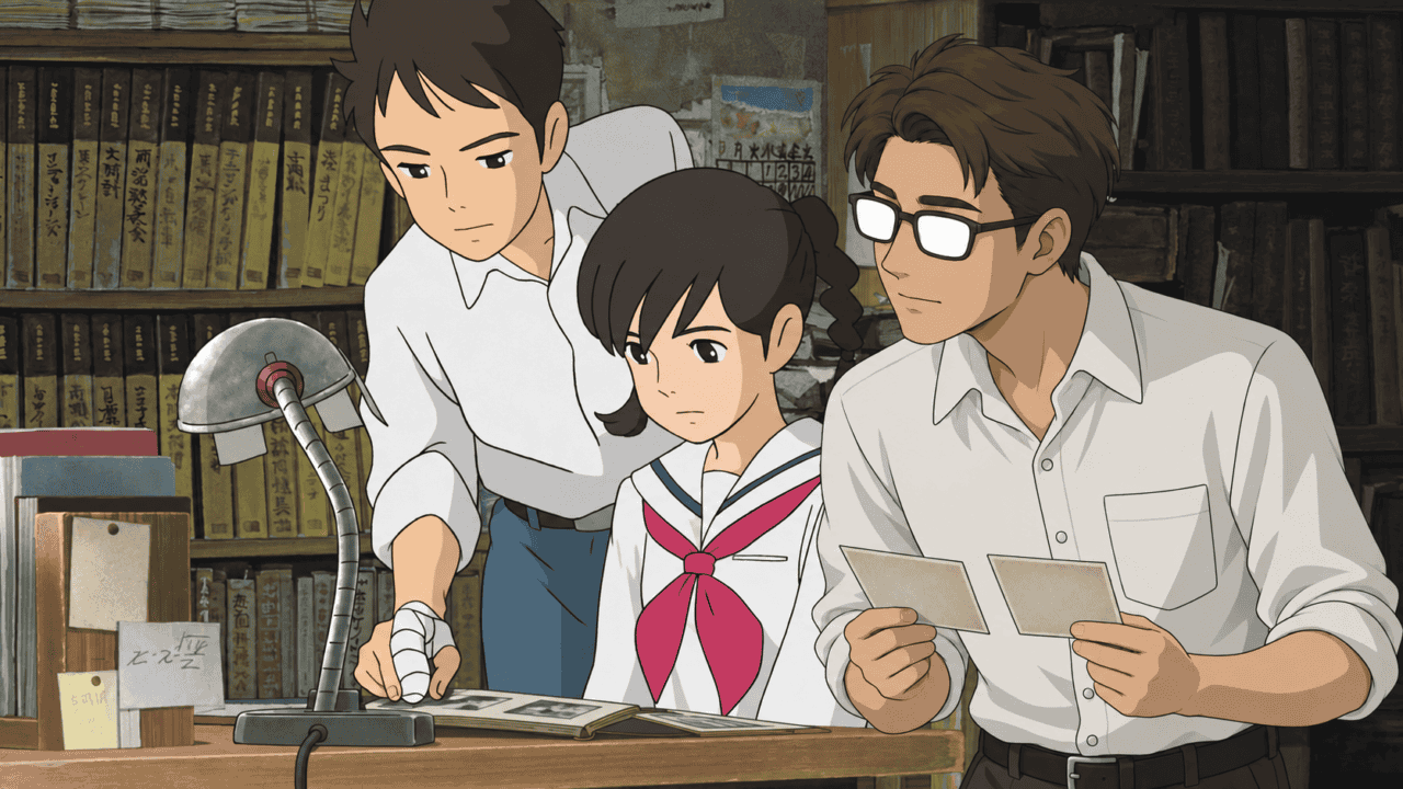 Umi and Shun work together while a man wearing glasses compares photographs.