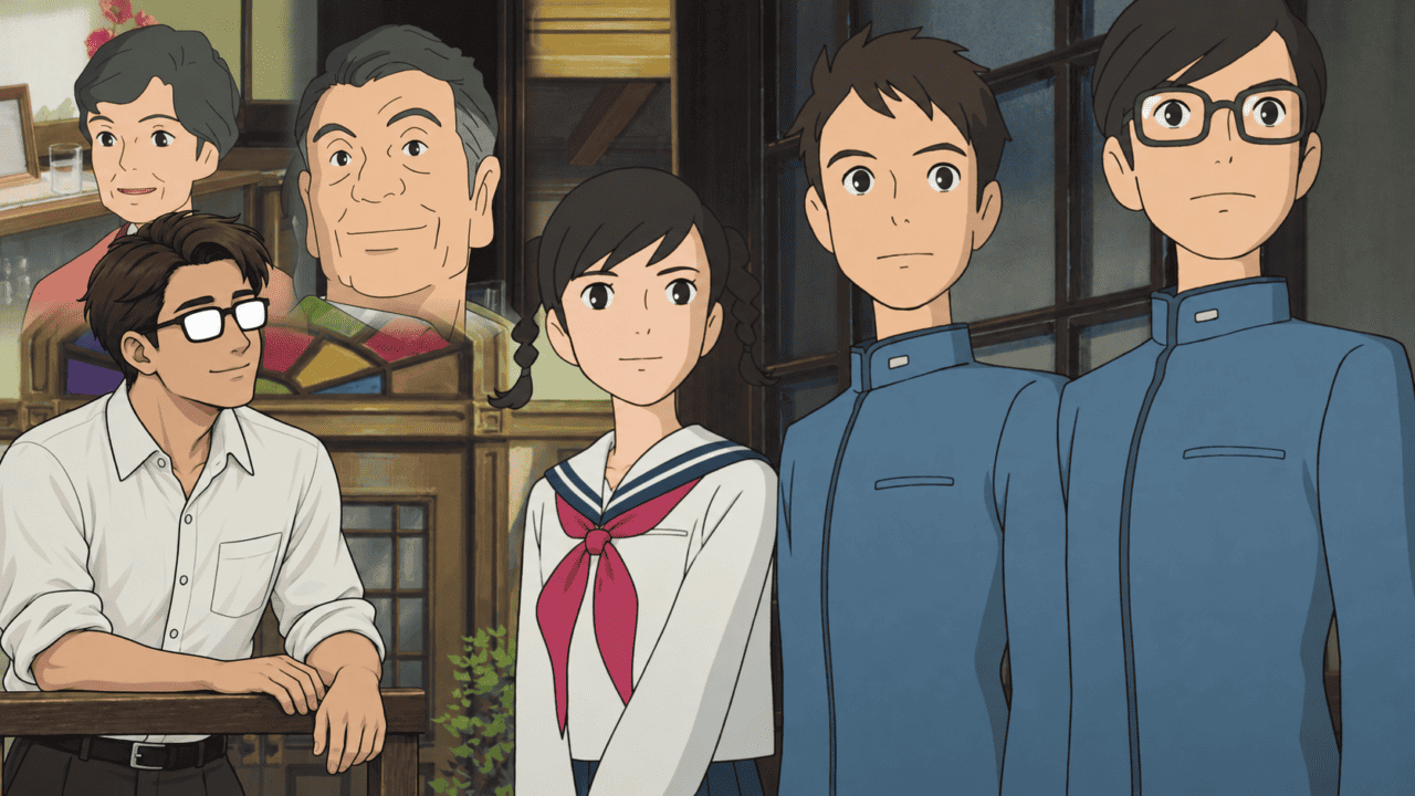 A collage of Umi, Shun, and other From Up on Poppy Hill characters, with a man wearing glasses.