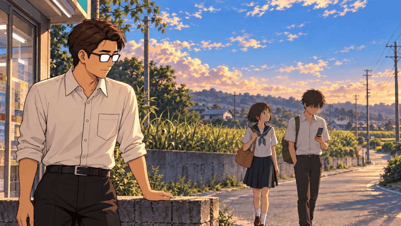 Kanae looks toward Takaki as he checks his phone on a country road at sunset, with a man wearing glasses beside a shop.
