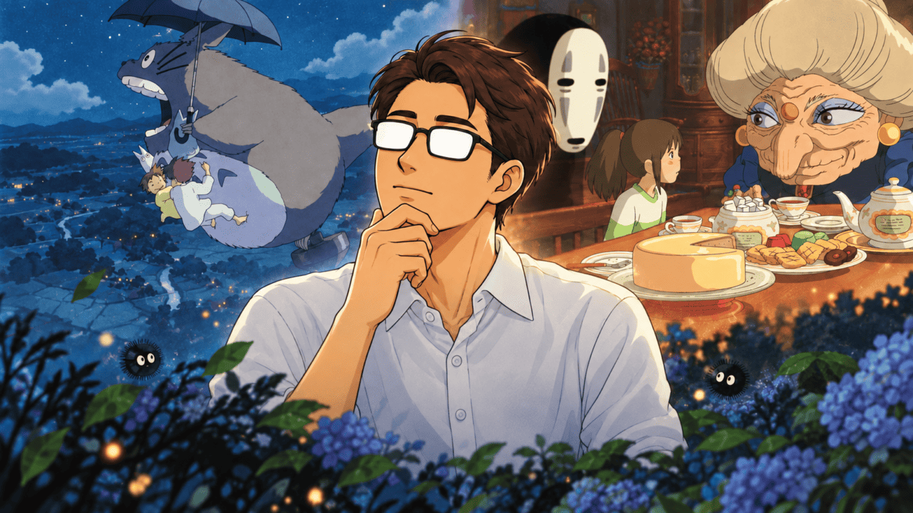 A thoughtful man wearing glasses stands between scenes of Totoro flying with Satsuki and Mei, and Chihiro sharing tea with Zeniba and No-Face.