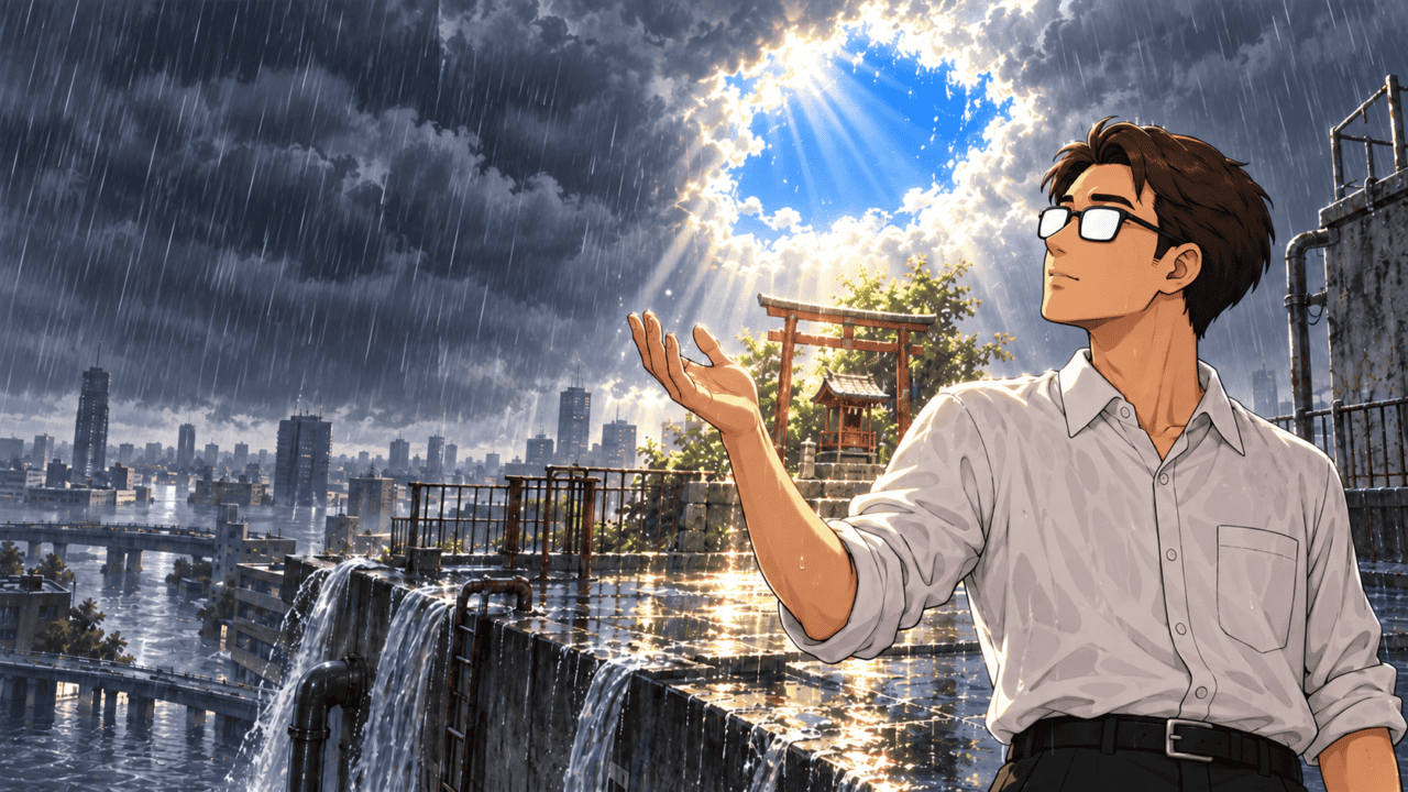 A man wearing glasses raises an open hand toward sunlight breaking through storm clouds above a rooftop shrine and flooded city.