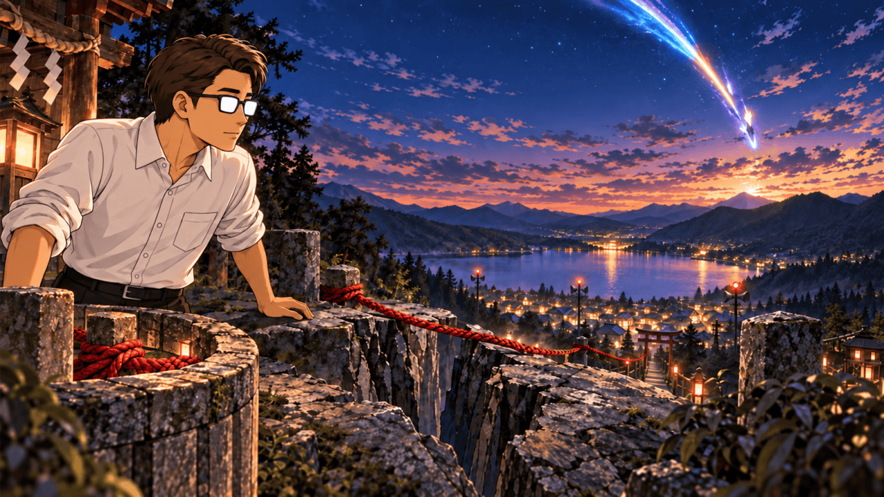 A man wearing glasses watches a red braided cord span a rocky gap toward a lakeside town beneath a comet.