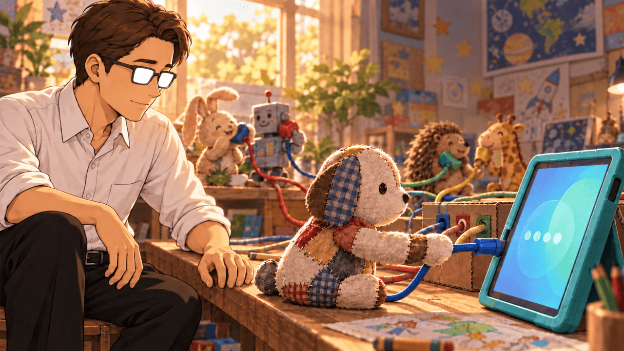 A man wearing glasses watches a patched toy dog connect a tablet to a shared communications desk used by other toys.