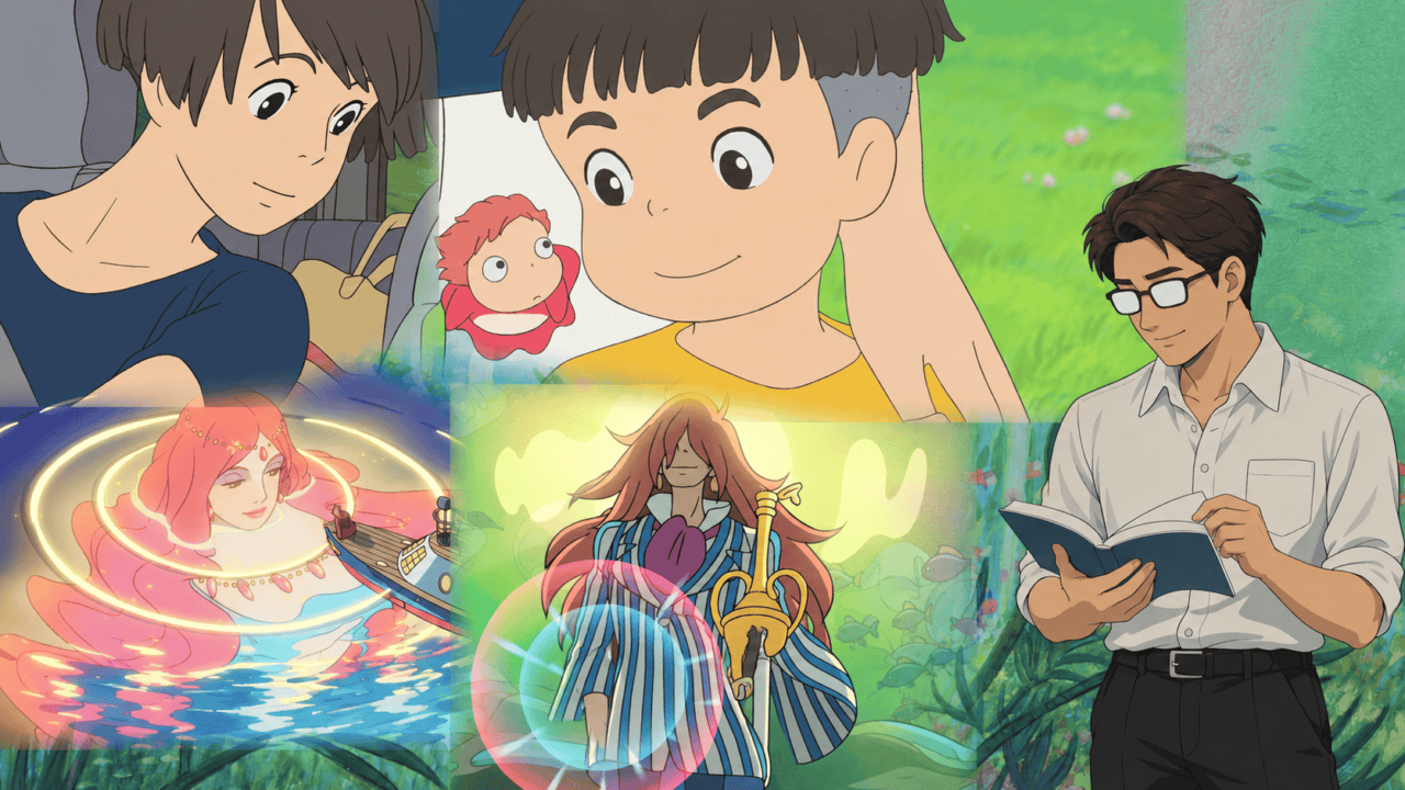 A collage of Ponyo, Sosuke, Lisa, Fujimoto and Granmamare beside a man wearing glasses reading a book.