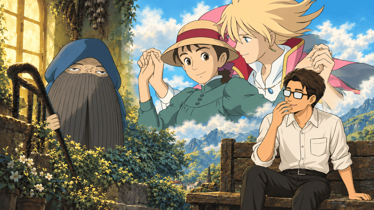 Howl and Sophie hold hands above a scene of Markl in disguise and a smiling man wearing glasses.