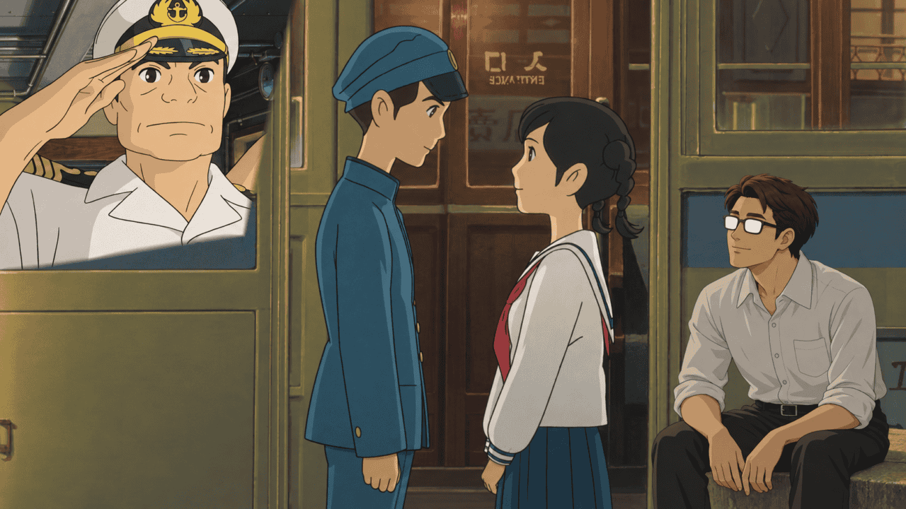 Umi and Shun face each other beside a man wearing glasses, with an inset of a ship's captain saluting.