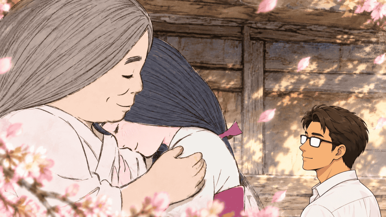 Princess Kaguya rests in her mother's embrace as a man wearing glasses looks on amid cherry blossoms.