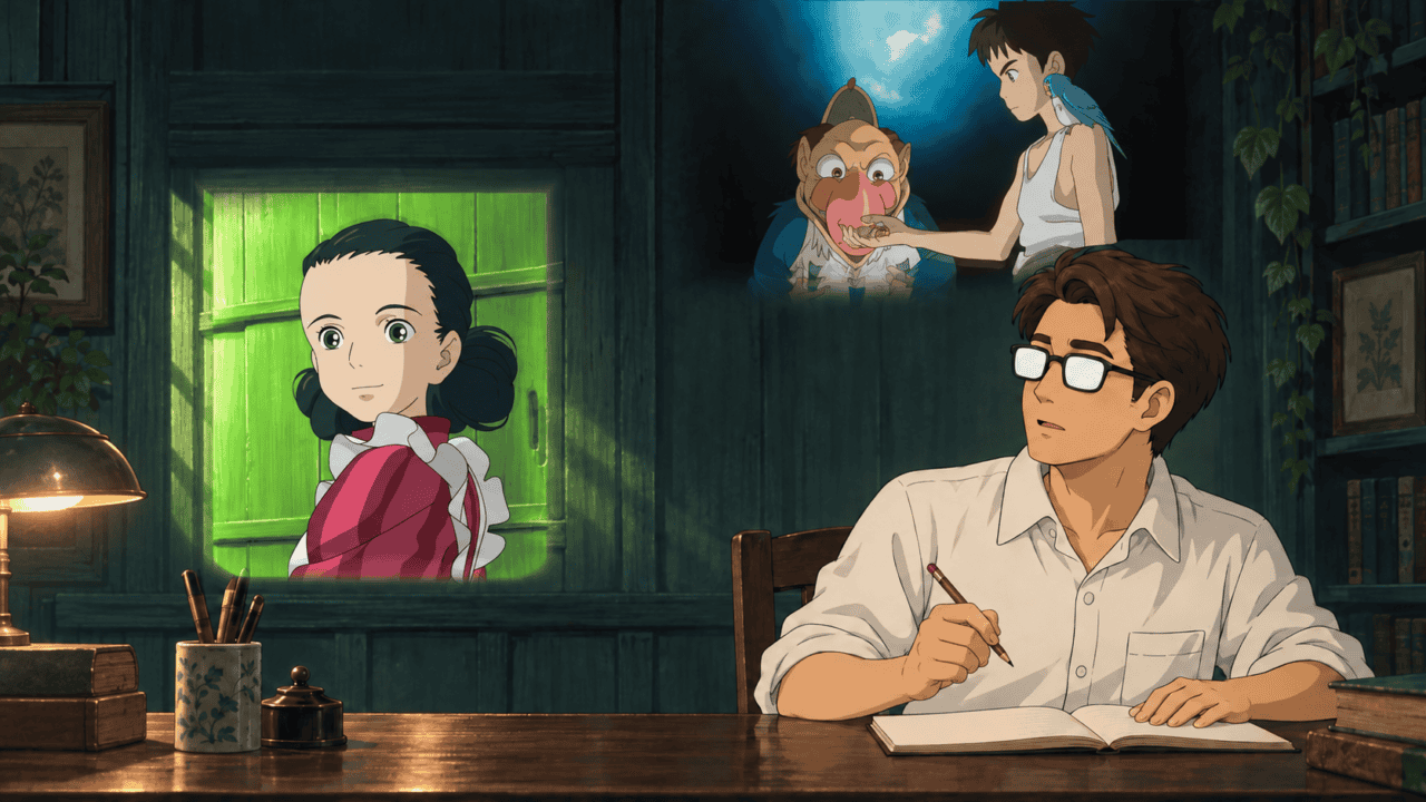 A man wearing glasses pauses over a notebook beneath scenes of Himi, Mahito and the Heron Man.