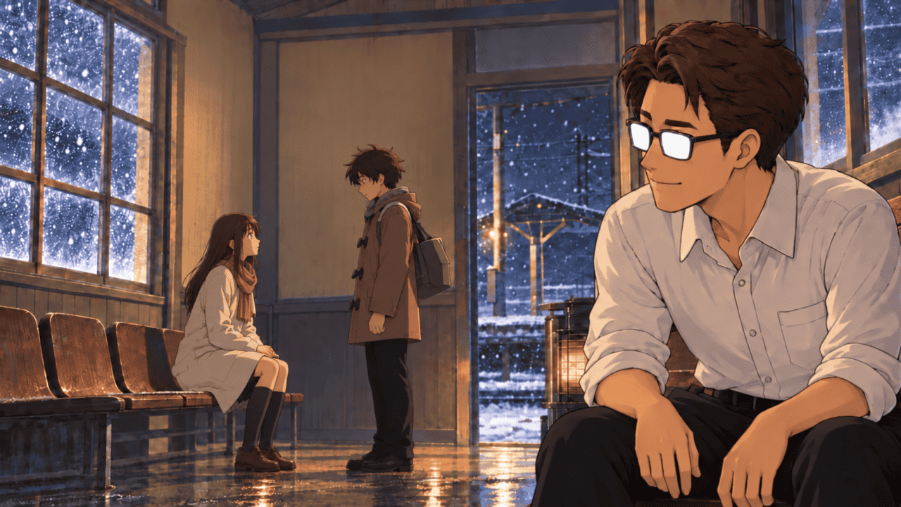 Akari and Takaki reunite in a warmly lit station waiting room on a snowy night, watched by a seated man wearing glasses.