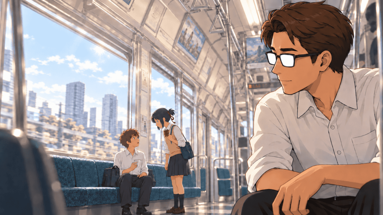Mitsuha speaks to a seated Taki inside a sunlit train while a man wearing glasses watches from nearby.