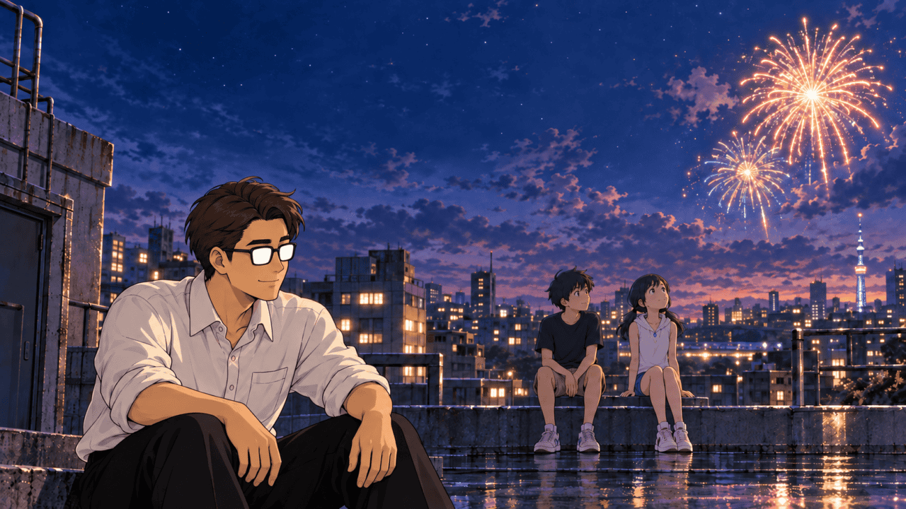 Hina looks up at fireworks from a rooftop while Hodaka watches her and a man wearing glasses sits nearby.