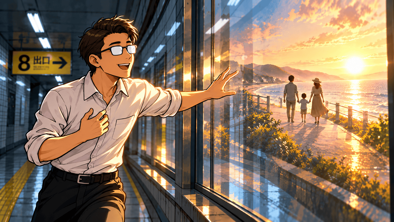Sifr reaches from a subway corridor toward a seaside sunset where a father, mother, and child walk together.