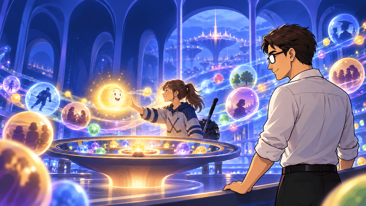 A hockey player reaches toward a glowing yellow memory orb in a blue memory headquarters, while Sifr watches from the right.