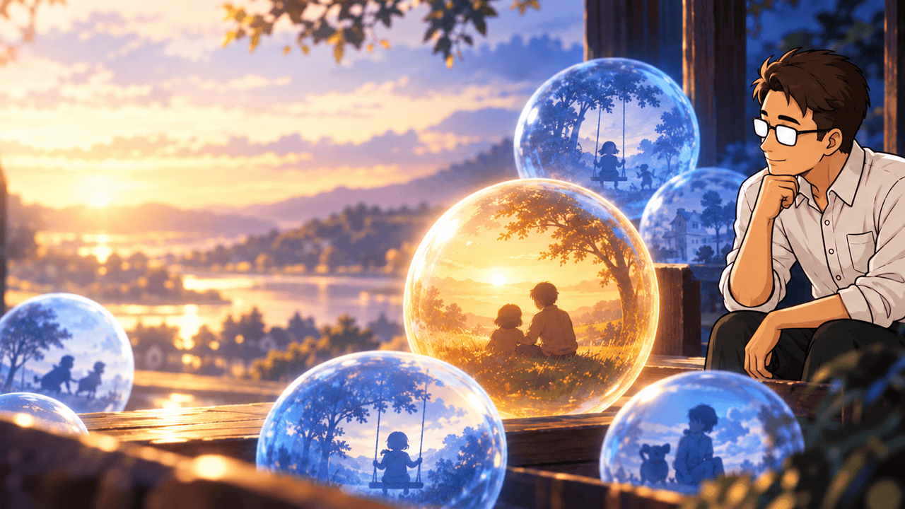 Sifr reflects beside blue and golden memory spheres showing childhood scenes, including a parent and child beneath a tree at sunset.