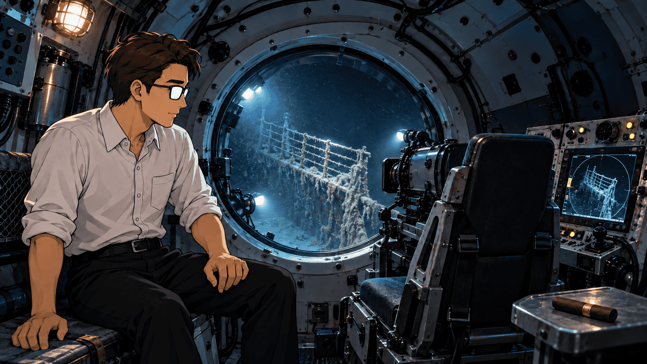 Sifr sits inside a submersible beside filming and exploration equipment, looking through a porthole at Titanic's wreck; an unused cigar rests nearby.