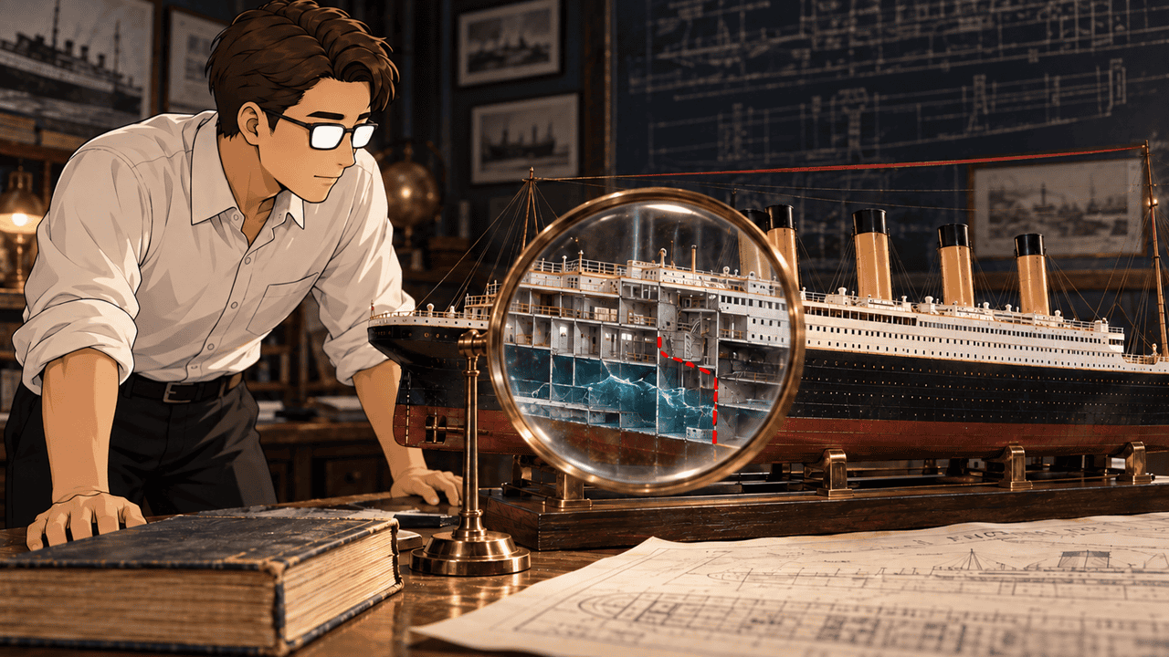 Sifr examines a Titanic model through a magnifying glass, revealing flooded compartments, with inquiry records and ship plans on the table.