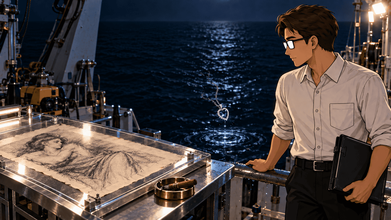 Sifr stands on a research ship beside Jack's recovered drawing and Lovett's cigar, with the blue Heart of the Ocean above the night sea.