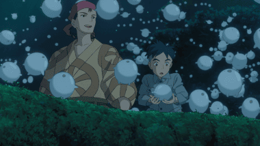Mahito and Kiriko watching the Warawara ascend into the starry night sky